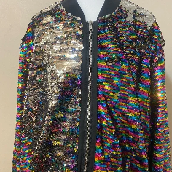 Abercrombie & Fitch Sequin Bomber Coat Jacket Rainbow size XL/XXL - Picture 3 of 8